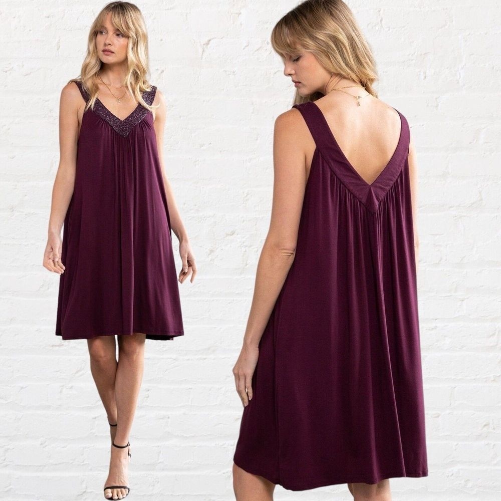 Lovestitch Women's Size L Dress Beaded Halter Deep Plum Purple Sleeveless Boho